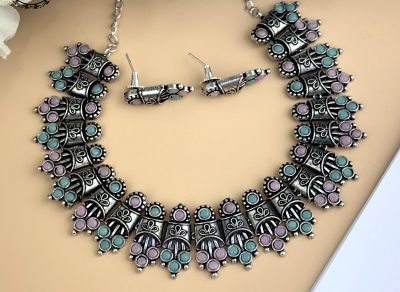 Silver Pure Oxidised Necklace With Multi Colour Stone Jewellery