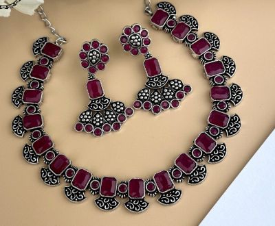 Silver Pure Oxidised Necklace With Red Stone Jewellery