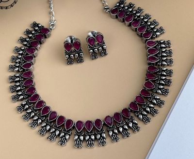 Silver Pure Oxidised Necklace With Red Stone Jewellery