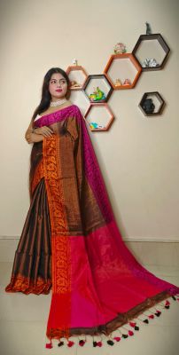 Brown Pure Handloom Tissue Silk Saree From Bengal