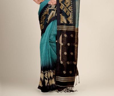 Teal Black Pure Handloom Linen By Linen Saree From Bengal