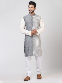 Grey White Pure Handloom Khadi Cotton Kurta From Bengal