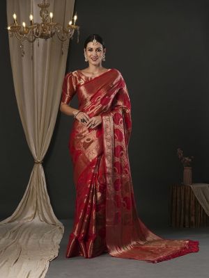 Wine Red Pure Handloom Organza Saree