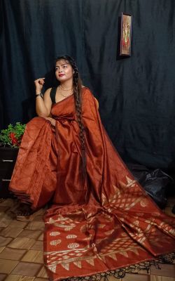 Tan Pure Handloom Silk Cotton Saree From Bengal