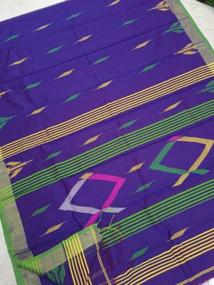 Royal Blue Pure Handloom Silk Cotton Saree From Bengal
