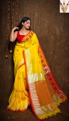 Yellow Red Pure Handloom Cotton Saree From Bengal