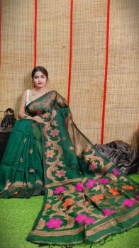 Green Pure Handloom Linen By Linen Saree From Bengal
