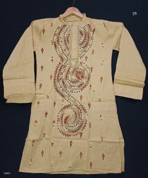 Light Yellow Pure Handloom Kantha Stitch Punjabi Kurta From Bengal