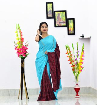 Sky Blue Pure Handloom Khesh Cotton Saree From Bengal