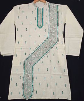 Off White Pure Handloom Kantha Stitch Punjabi Kurta