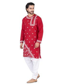 Maroon Pure Handloom Kantha Stitch Cotton Kurta