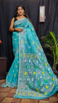 Sea Blue Leaf Design Pure Handloom Soft Dhakai Jamdani Saree