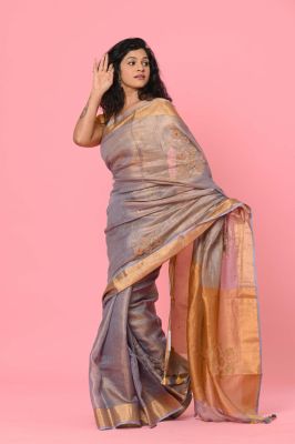 Brown Linen Tissue Pure Handloom Embroidery Saree From Bhagalpur