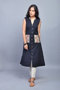 Navy Blue Hand Painted Cotton Kurta