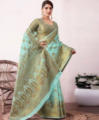 Aqua Blue Pure Handloom Silk Cotton Saree From Banaras