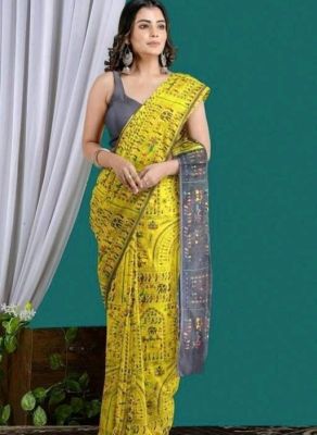 Yellow Pure Handloom Madhubani Saree From Bengal