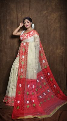 Tan Pure Handloom Dhakai Jamdani Saree From Bengal