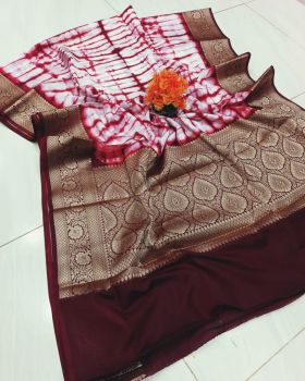 Maroon White Printed Pure Handloom Silk Saree