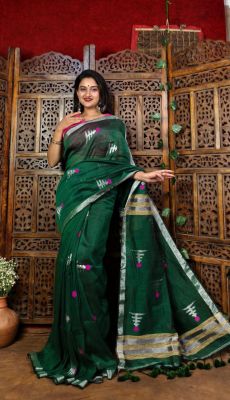 Green Linen By Linen Pure Handloom Saree From Bengal