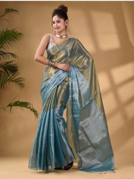 Aqua Golden Pure Handloom Tissue Saree From Bengal