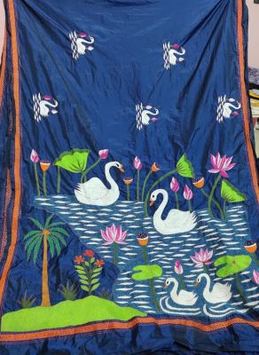 Navy Blue Pure Handloom Kantha Silk Saree From Bengal