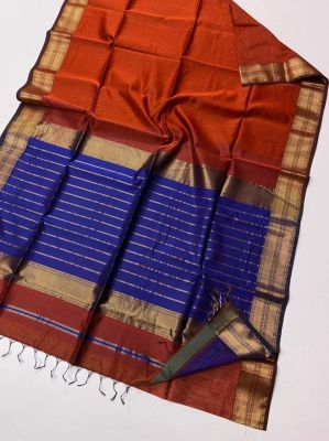 Red Blue Pure Handloom Maheshwari Silk Cotton Saree From Bengal