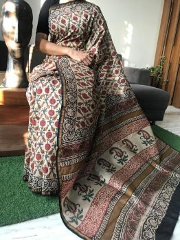 Multicolor Hand Block Printed Chanderi Silk Saree From Rajasthan