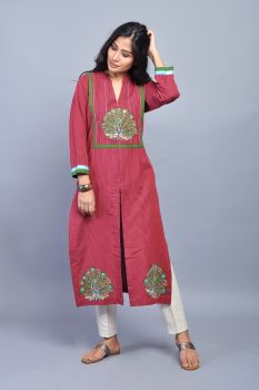 Maroon Cotton Embroidered Kurta