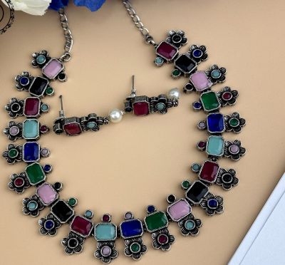 Silver Pure Oxidised Necklace With Multi Colour Stone Jewellery