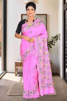 Pink Handloom Kantha Stitch Saree From Bengal