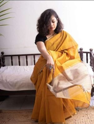 Yellow Pure Handloom Silk Cotton Saree From Bengal