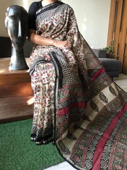 Multicolor Hand Block Printed Chanderi Silk Saree From Rajasthan