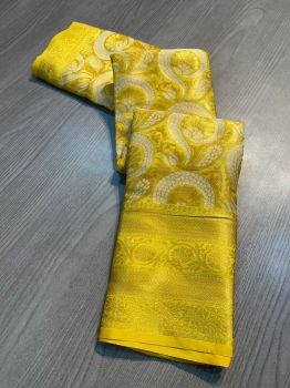 Yellow Flower Design Rich Pallu Jacquard Work Kanchipuram Soft Silk Saree