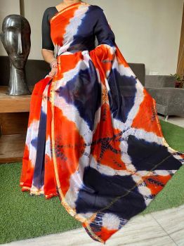 Orange Blue White Hand Block Printed Chanderi Silk Saree From Rajasthan