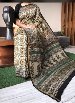 Multicolor Hand Block Printed Chanderi Silk Saree From Rajasthan