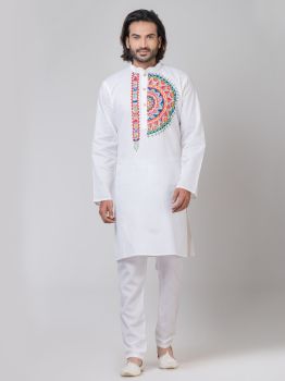 White Pure Handloom Katha Stitch Kurta From Bengal