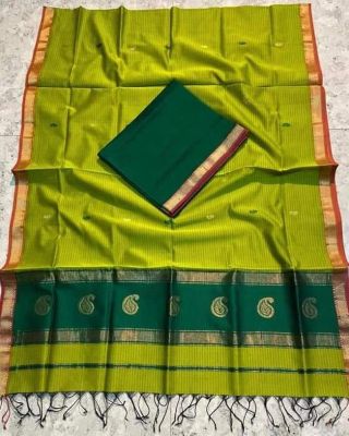 Lemon Green Pure Handloom Maheswari Silk Cotton Saree From Bengal