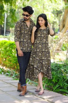 Charcoal Grey Hand Block Printed Designer Pure Cotton Couple Set