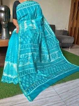 Sky Blue Hand Block Printed Chanderi Silk Saree From Rajasthan