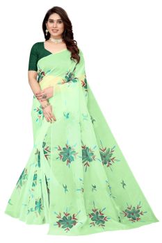 Green Organza Hand Painted Floral Pattern Saree