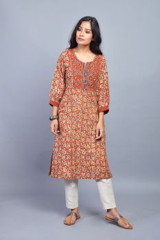 Brick Red Rustic Cotton Kalamkari Kurta