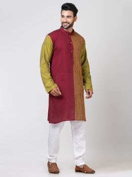 Maroon Olive Green Pure Handloom Khadi Cotton Kurta From Bengal