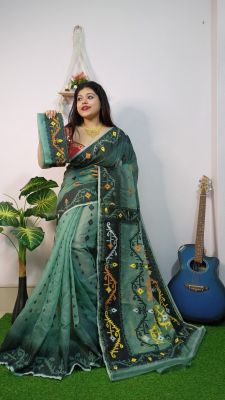 Grayish Green Pure Handloom Dhakai Jamdani Saree From Bengal