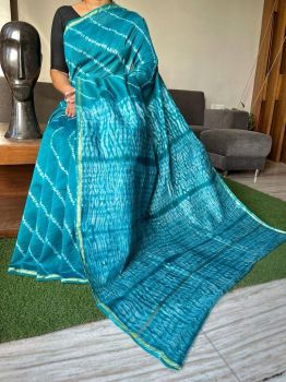 Sky Blue Hand Block Printed Chanderi Silk Saree From Rajasthan