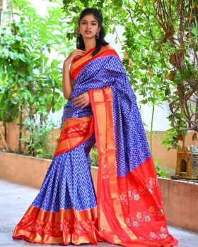 Blue Orange Flower Design Digital Print Cotton Saree