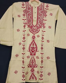 Yellow Pure Handloom Kantha Stitch Punjabi Kurta From Bengal