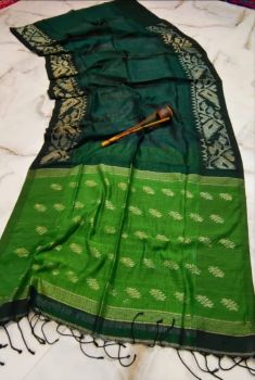 Dark Green Linen Flower Design Handloom Saree