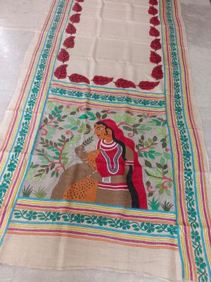 Cream Pure Handloom Kantha Silk Saree From Bengal