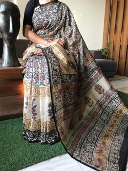 Multicolor Hand Block Printed Chanderi Silk Saree From Rajasthan