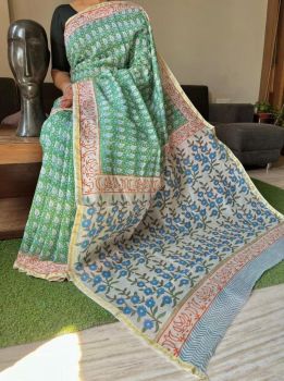 Green Blue White Hand Block Printed Chanderi Silk Saree From Rajasthan